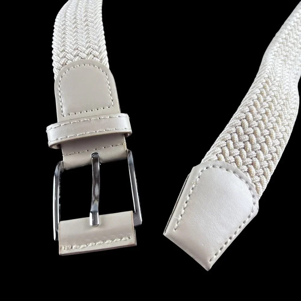 Mens Braided Beige Elastic Woven Golf Belt Faux Leather Accents Silver Buckle 43